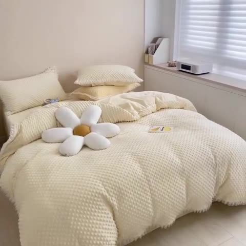 91家纺网 家纺一手货源 找家纺 玛奇朵  2022升级版A类豆豆绒梦露系列四件套 梦露-象牙白