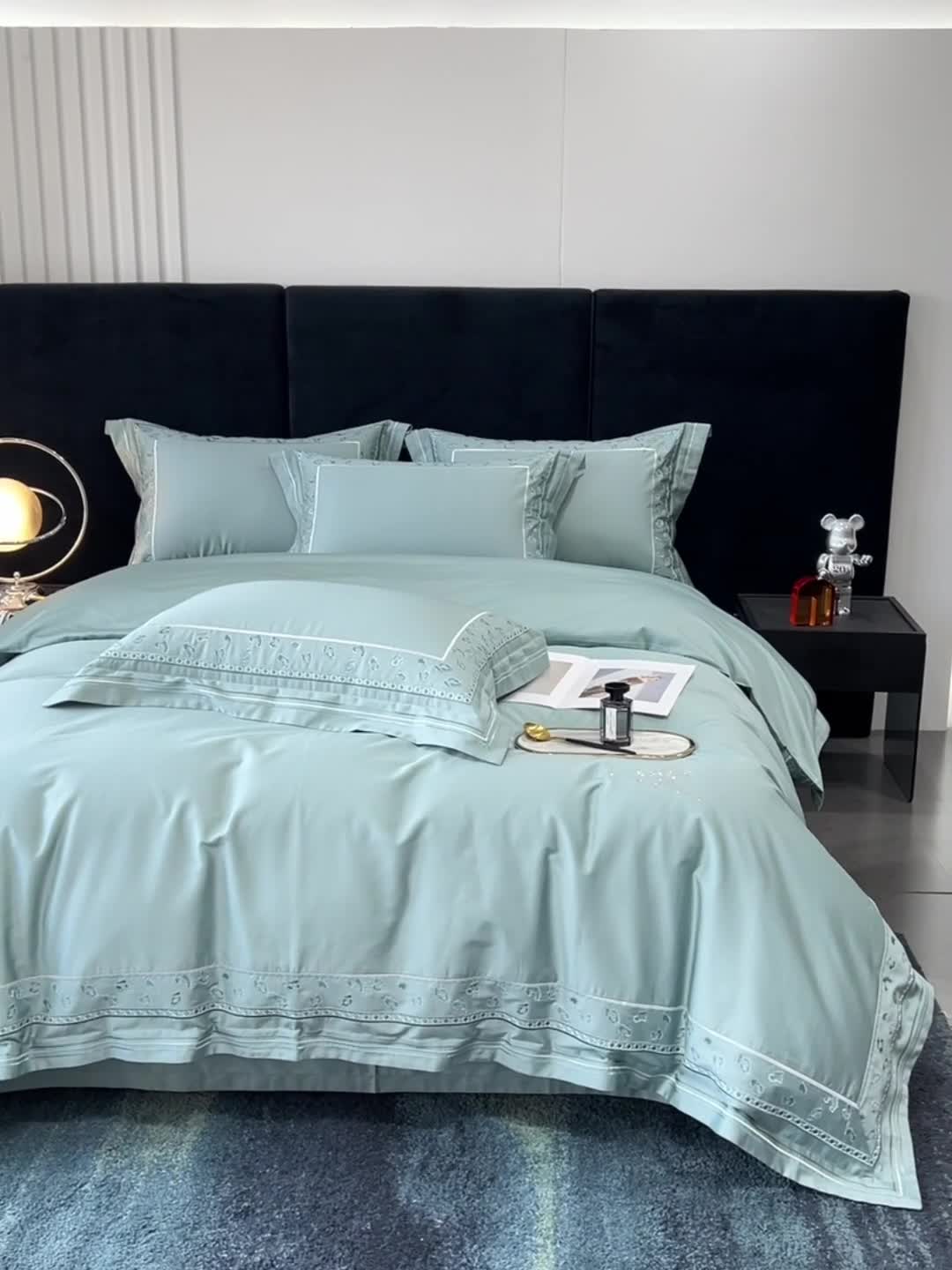 91家纺网 家纺一手货源 找家纺 榻尚 2023豹纹刺绣工艺超柔长绒棉四件套赫拉-湖绿