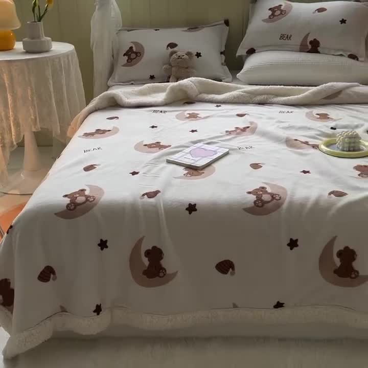 91家纺网 家纺一手货源 找家纺 沐慕  2022新款牛奶绒拼羊羔绒毛毯 月亮船