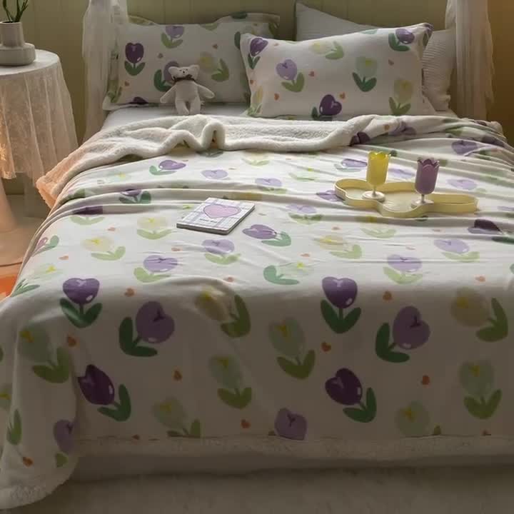 91家纺网 家纺一手货源 找家纺 沐慕  2022新款牛奶绒拼羊羔绒毛毯 郁金香