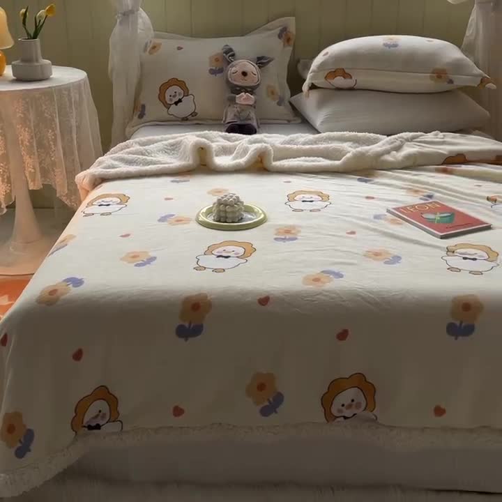 91家纺网 家纺一手货源 找家纺 沐慕  2022新款牛奶绒拼羊羔绒毛毯 萌萌鸭