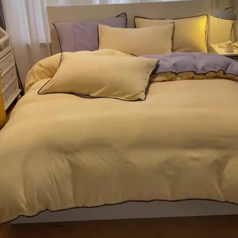 91家纺网 家纺一手货源 找家纺 眠帛家居 2022新款牛奶绒贝壳边四件套 奶黄-浅紫
