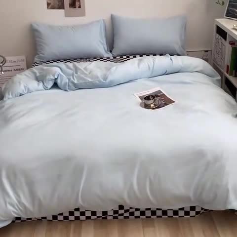 91家纺网 家纺一手货源 找家纺 眠帛 2022新款水洗棉混搭四件套 天空蓝