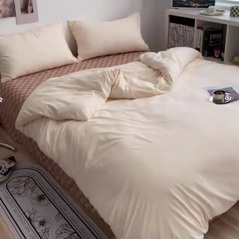 91家纺网 家纺一手货源 找家纺 眠帛 2022新款水洗棉混搭四件套 奶昔白