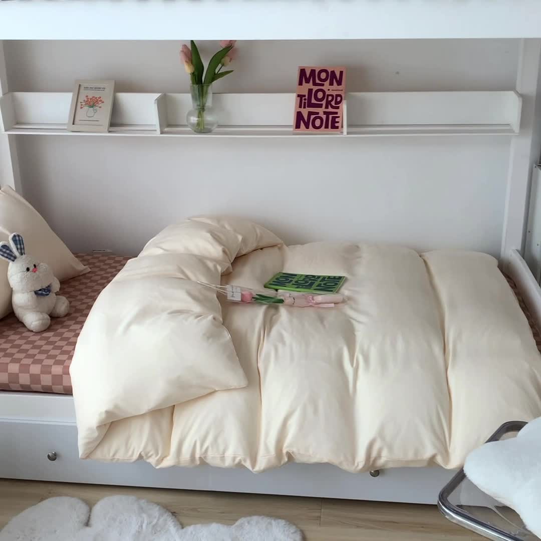 91家纺网 家纺一手货源 找家纺 眠帛 2022新款水洗棉混搭学生床三件套 奶昔白