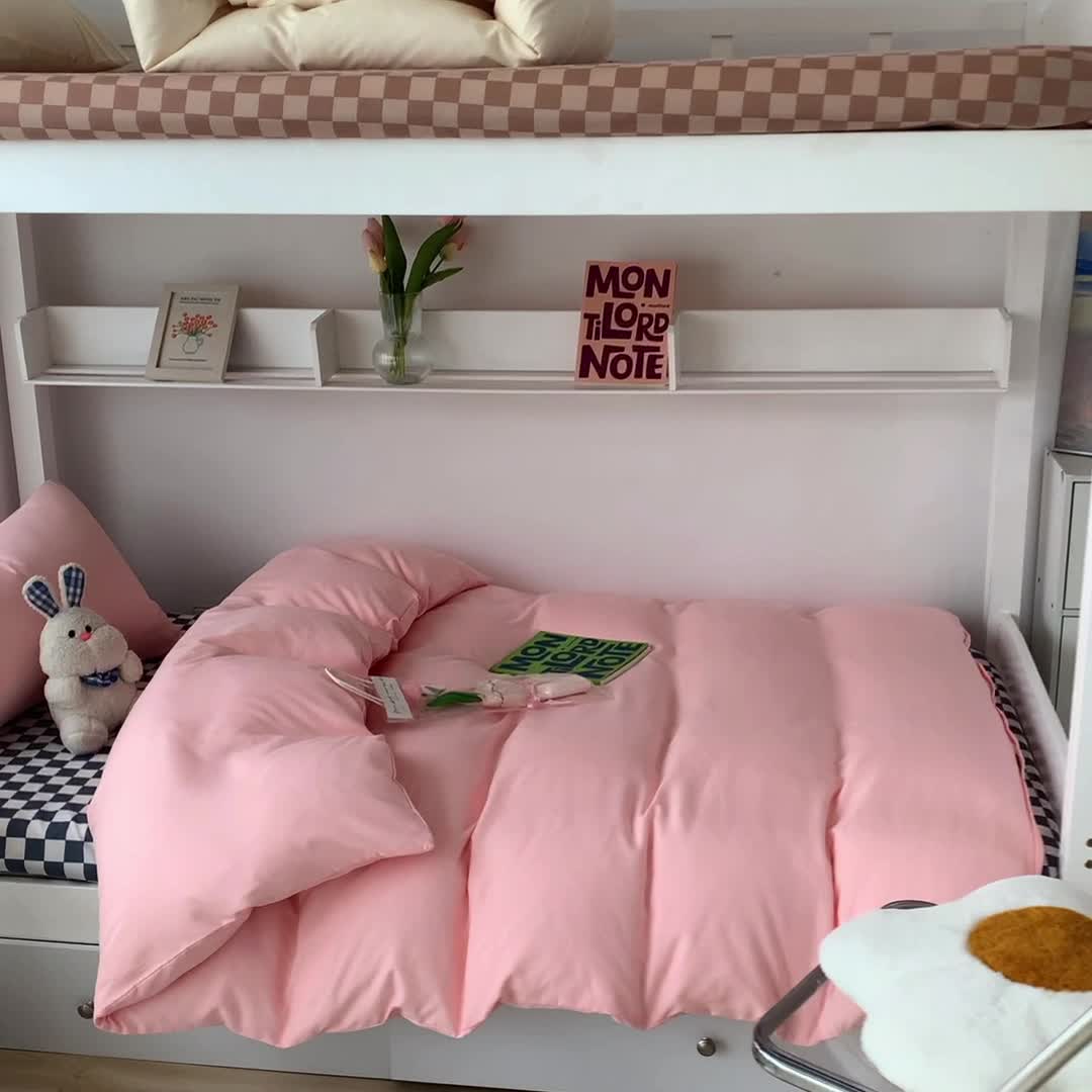 91家纺网 家纺一手货源 找家纺 眠帛 2022新款水洗棉混搭学生床三件套 奶油粉