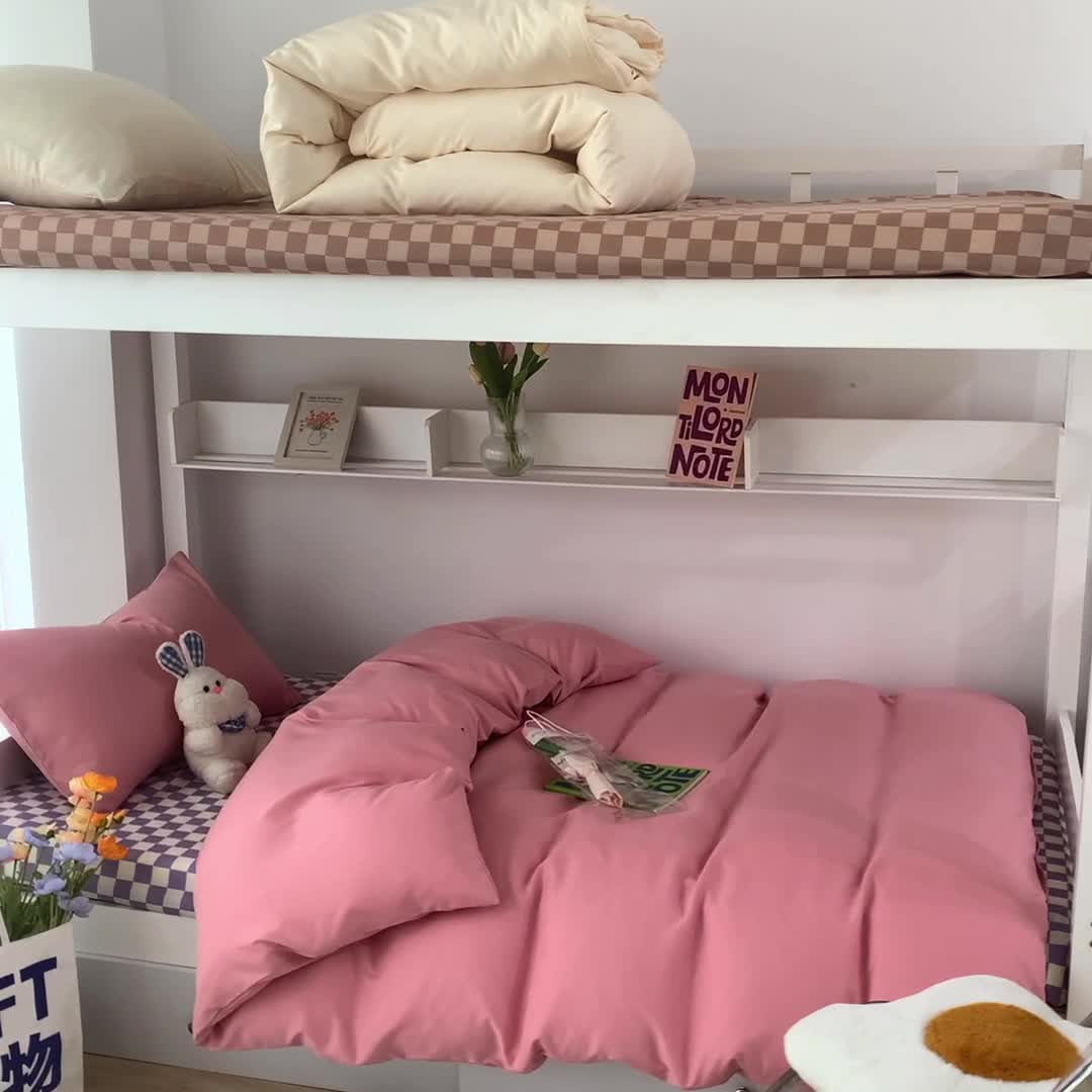 91家纺网 家纺一手货源 找家纺 眠帛 2022新款水洗棉混搭学生床三件套 豆沙