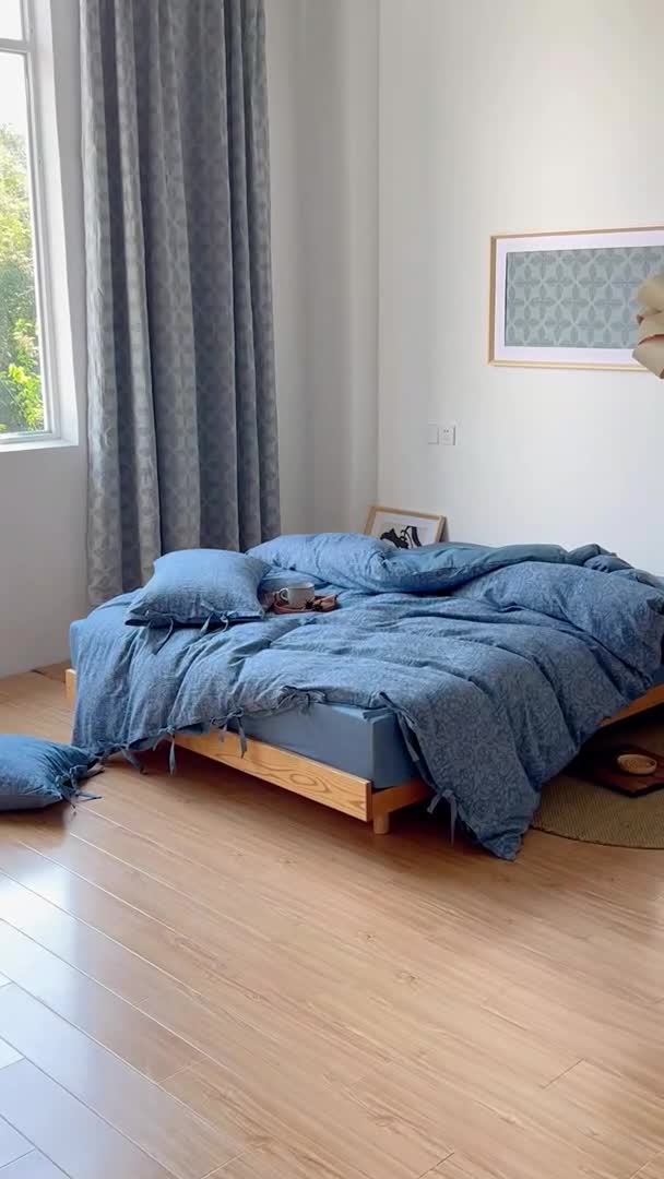 91家纺网 家纺一手货源 找家纺 安莱生活 2022新款华夫格双层纱四件套 华夫格深蓝