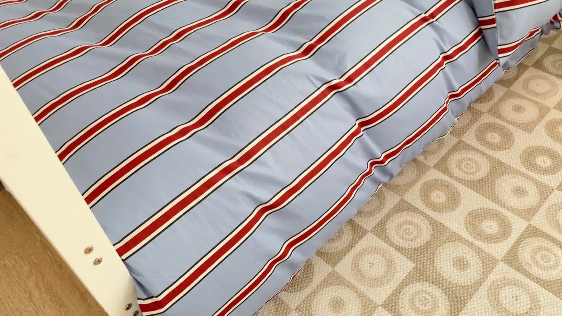 91家纺网 家纺一手货源 找家纺 昔可 2022新款开学季全棉卡通印花学生三件套 红蓝条