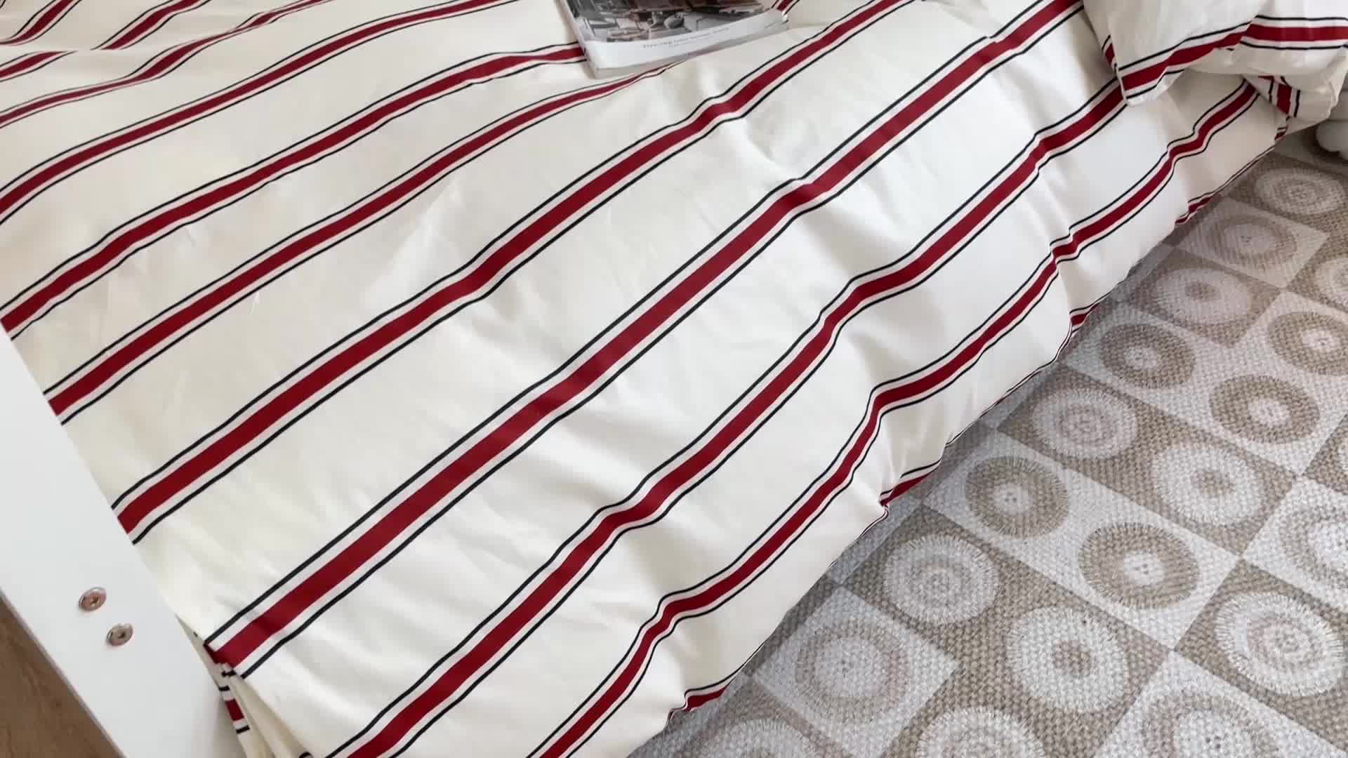 91家纺网 家纺一手货源 找家纺 昔可 2022新款开学季全棉卡通印花学生三件套 红竖条