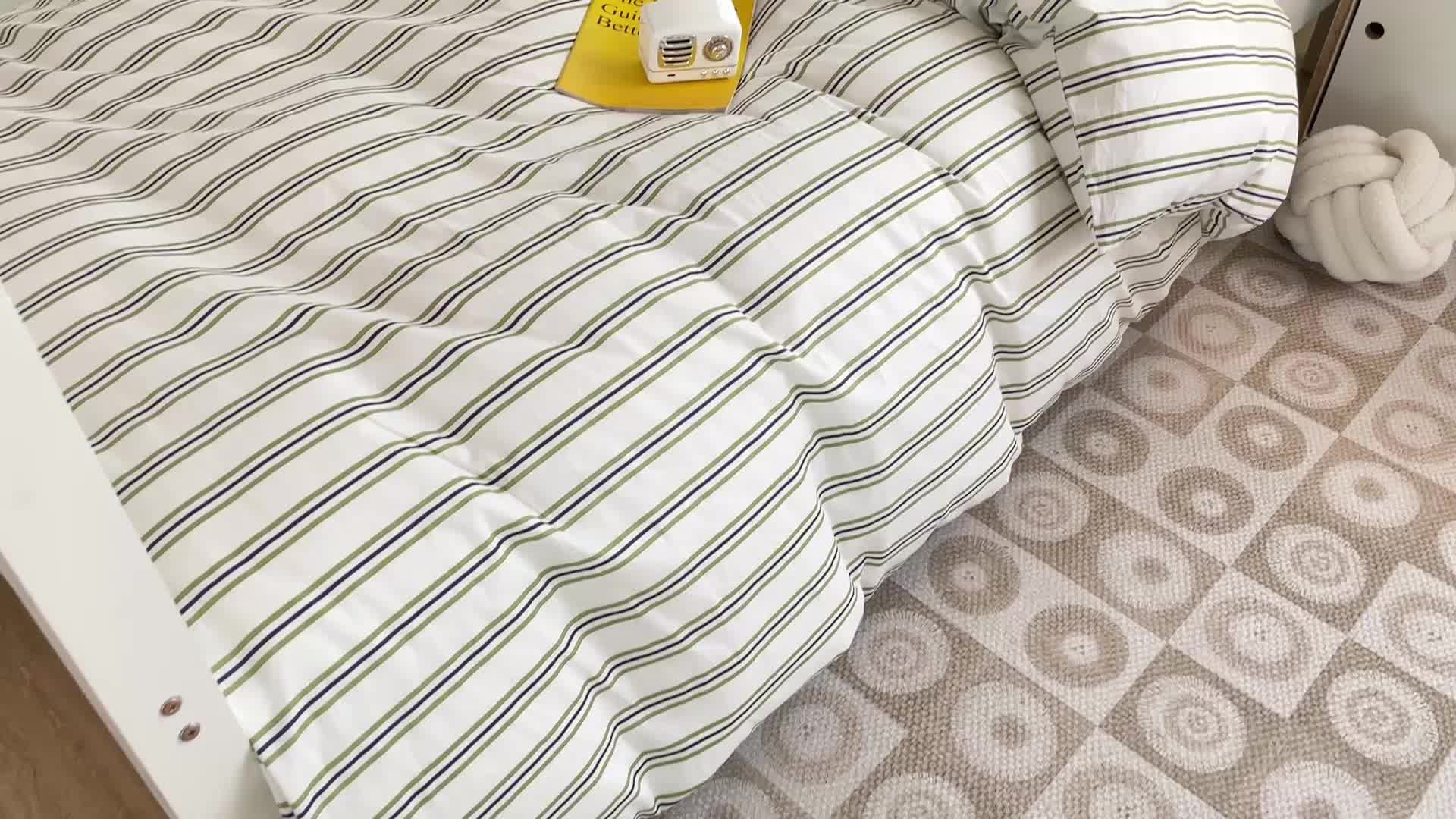 91家纺网 家纺一手货源 找家纺 昔可 2022新款开学季全棉卡通印花学生三件套 绿竖条