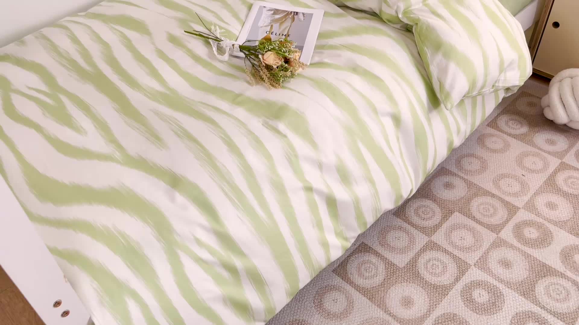 91家纺网 家纺一手货源 找家纺 昔可 2022新款开学季全棉卡通印花学生三件套 奶油绿豹纹