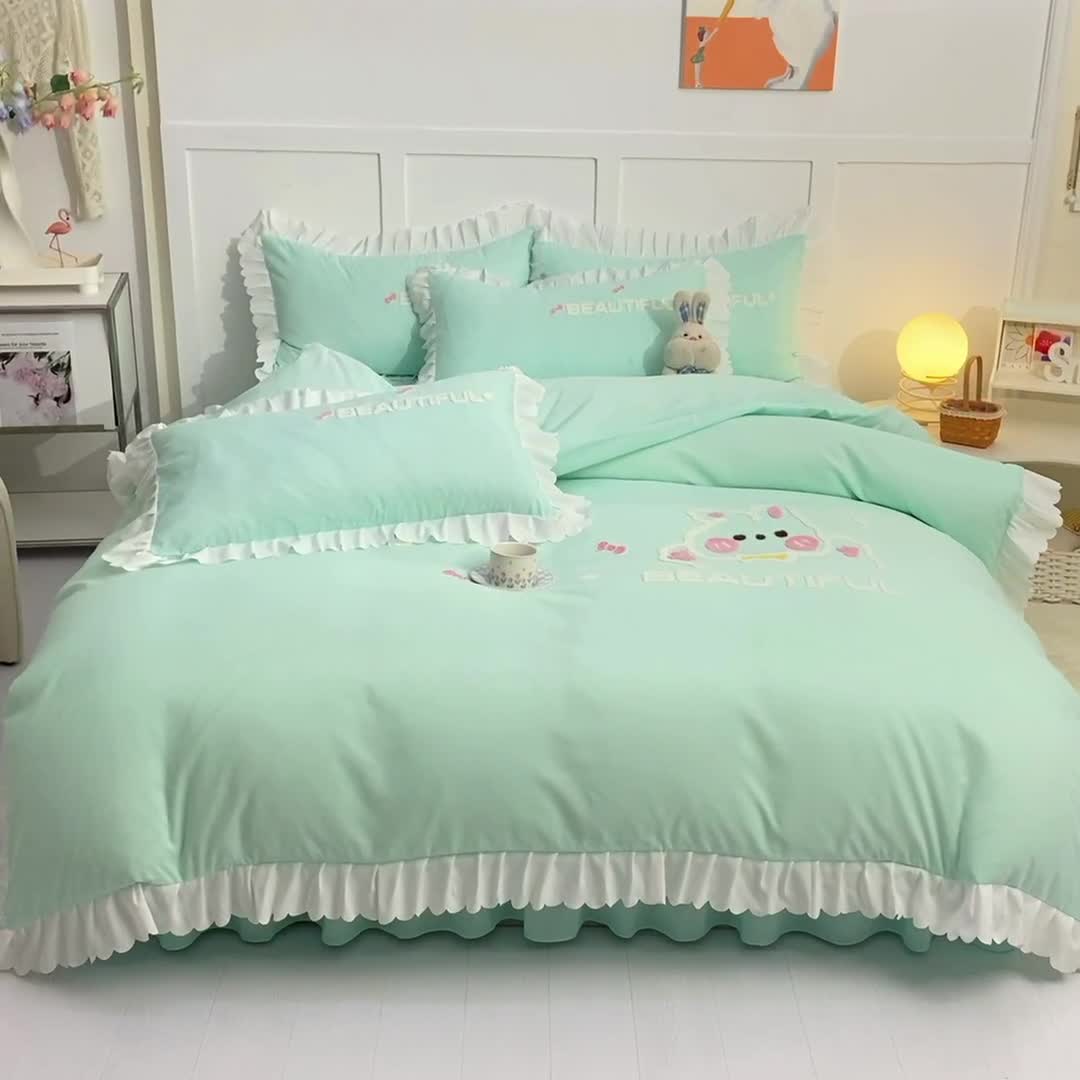 91家纺网 家纺一手货源 找家纺 梦之岛2022韩版宝贝兔系列毛巾绣四件套 宝贝兔-绿