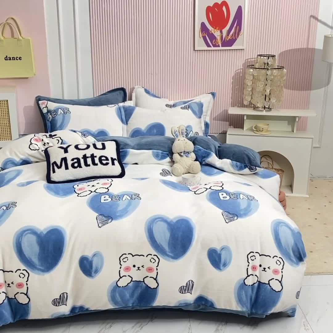 91家纺网 家纺一手货源 找家纺 梦之岛2022新款印花牛奶绒四件套 甜蜜心声