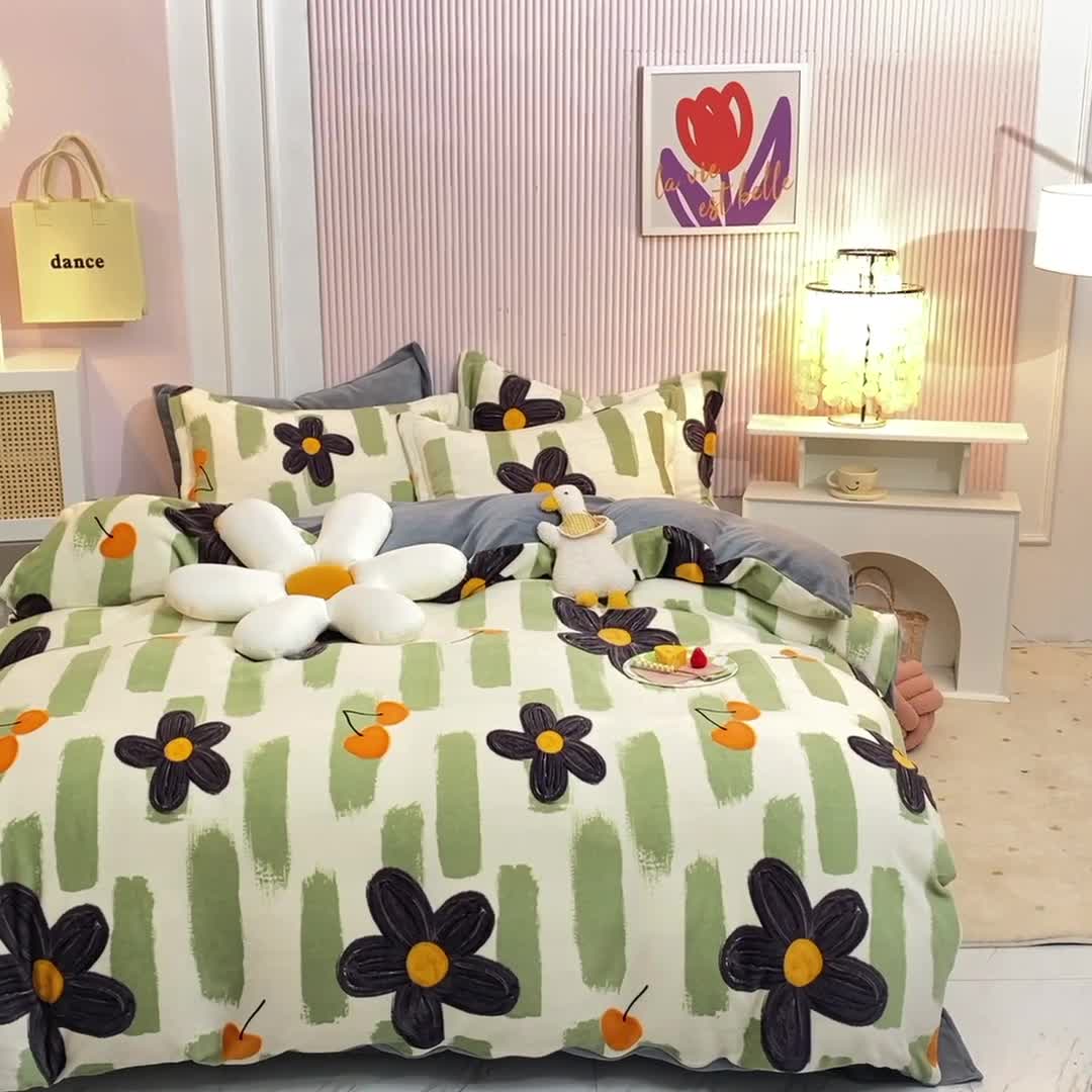 91家纺网 家纺一手货源 找家纺 梦之岛2022新款印花牛奶绒四件套 幸运花