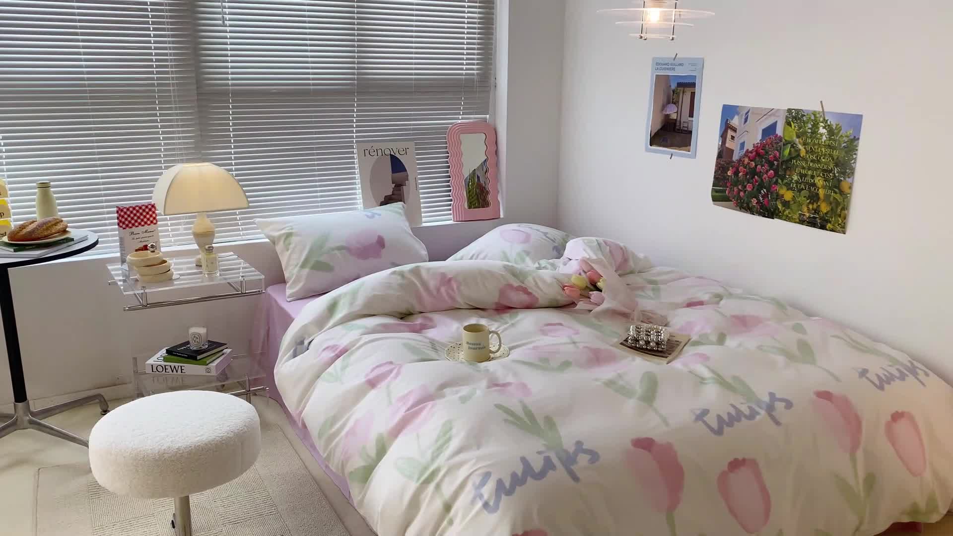 91家纺网 家纺一手货源 找家纺 昔可家纺 2022新款法式田园花卉系列全棉四件套 粉色油画郁金