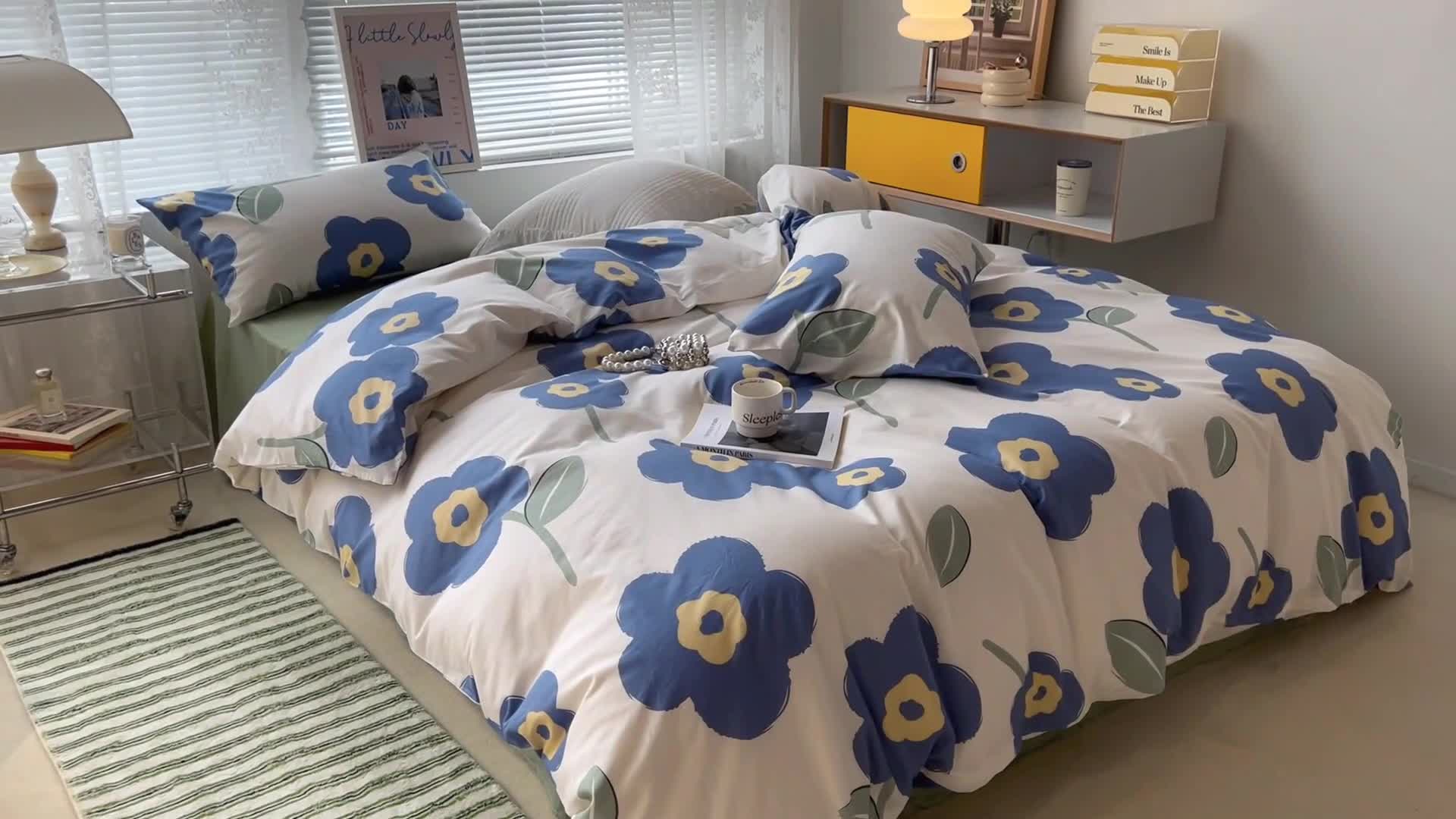 91家纺网 家纺一手货源 找家纺 昔可家纺 2022新款法式田园花卉系列全棉四件套 浮华蓝