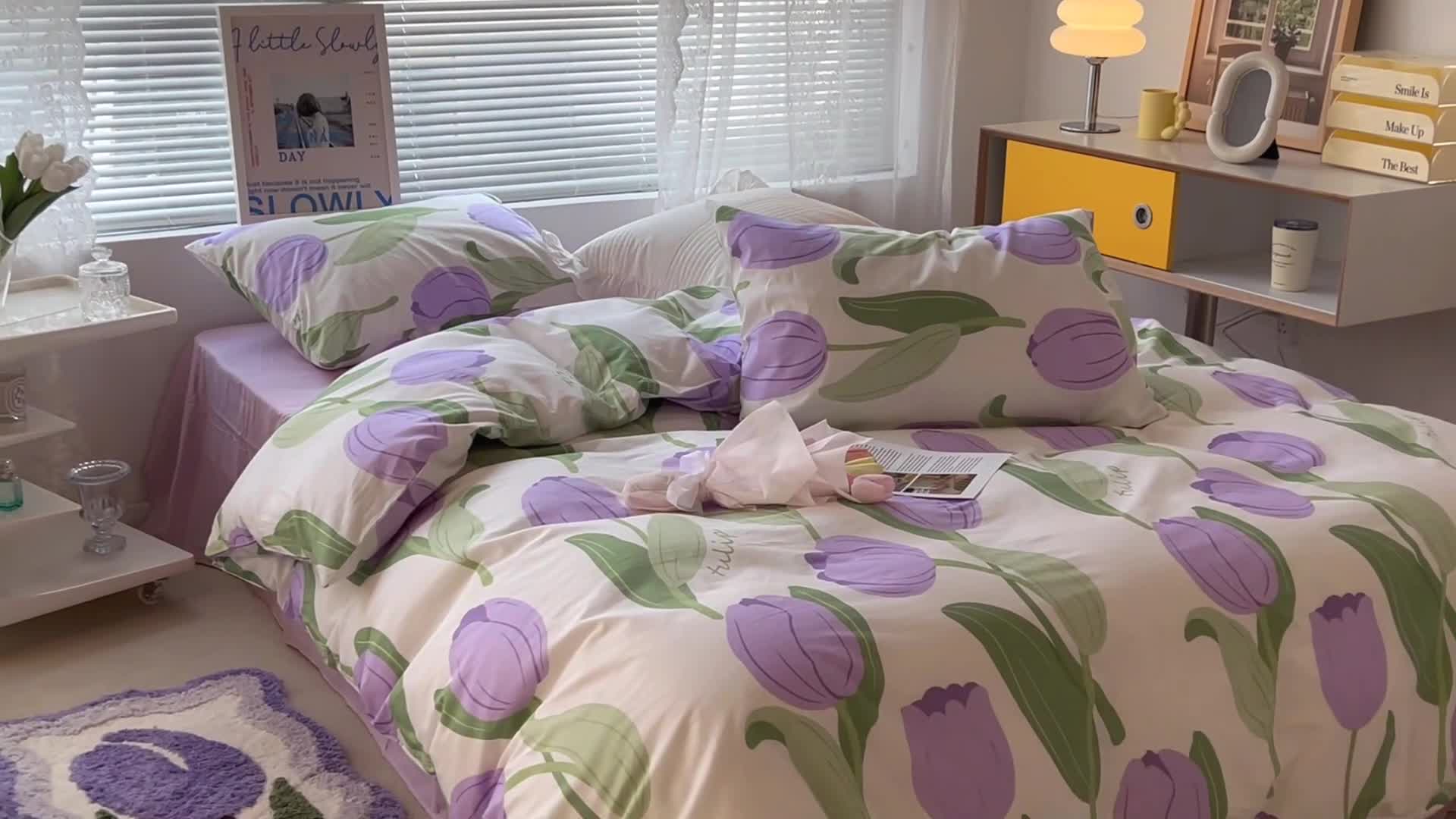 91家纺网 家纺一手货源 找家纺 昔可家纺 2022新款法式田园花卉系列全棉四件套 紫郁金