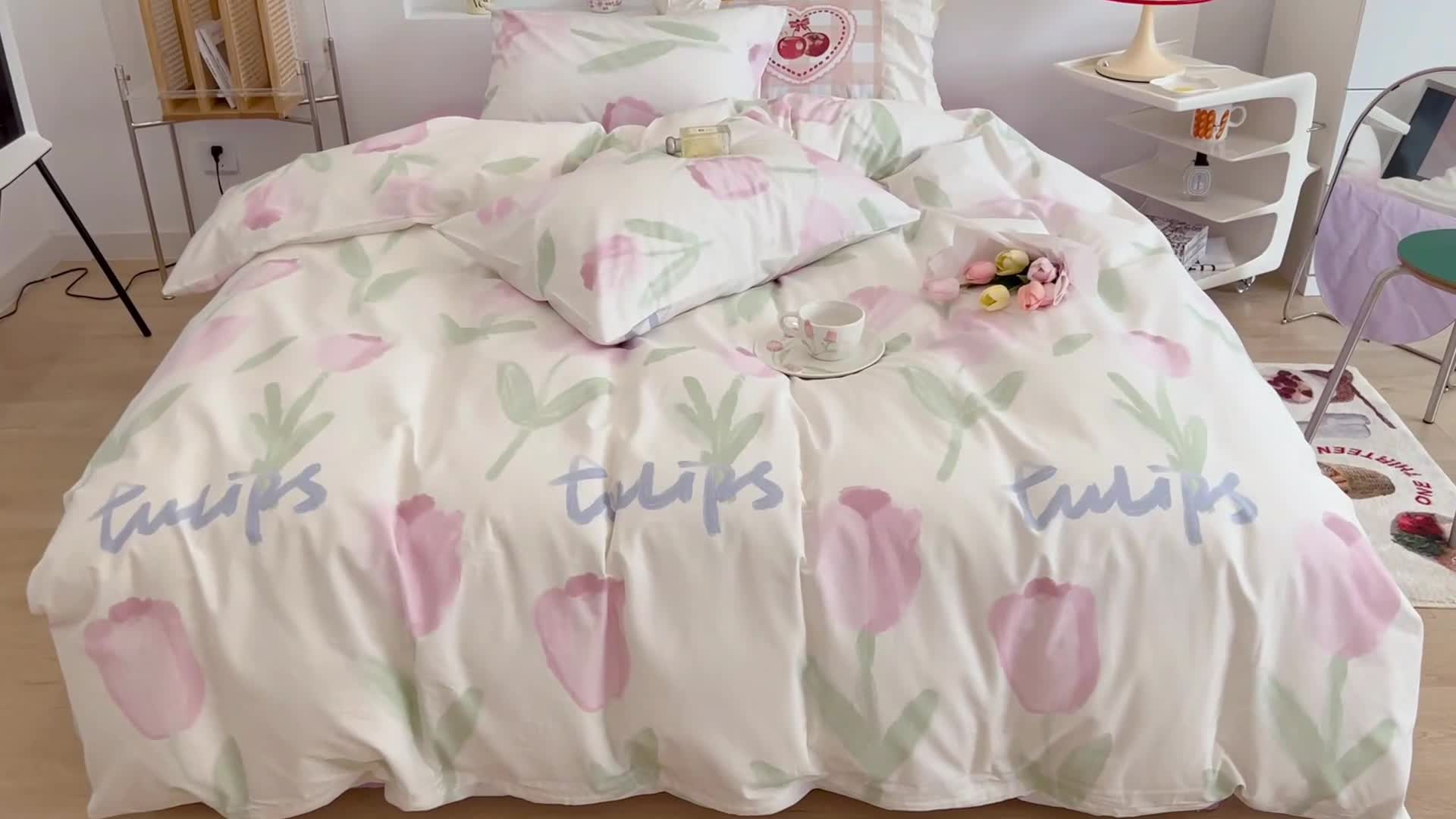 91家纺网 家纺一手货源 找家纺 昔可家纺 2022新款法式田园花卉系列全棉四件套 粉色油画郁金1