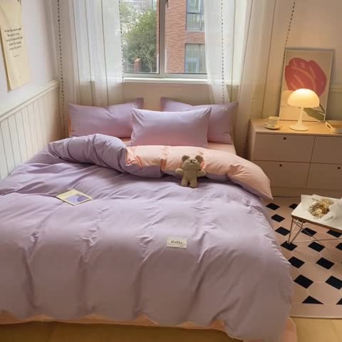 91家纺网 家纺一手货源 找家纺 蓝巢家纺 2022新款全棉水洗棉双拼款四件套 浅紫浅粉