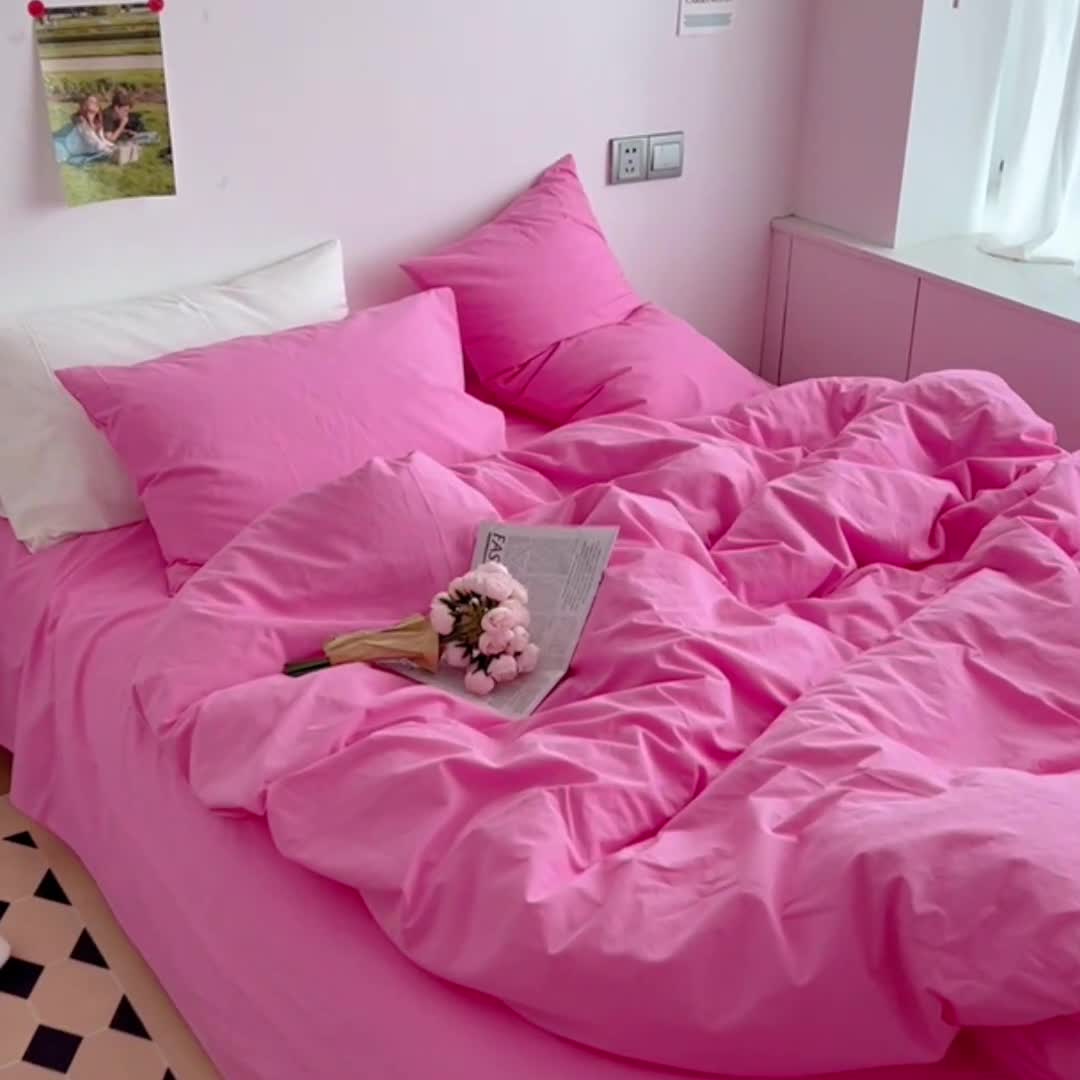 91家纺网 家纺一手货源 找家纺 全棉水洗棉纯色混搭四件套 蔷薇粉（枕套蔷薇粉+白色）