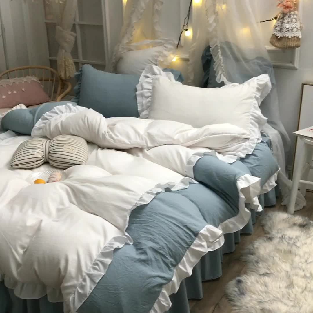 91家纺网 家纺一手货源 找家纺 2023新款韩式公主风水洗棉单层荷叶边拼色陌上花开系列白＋灰