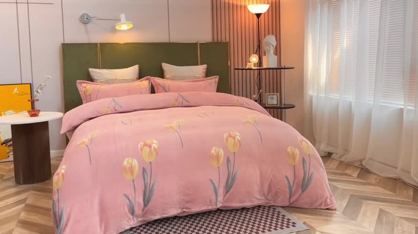 91家纺网 家纺一手货源 找家纺 凡客家居 2022新款牛奶绒印花系列四件套 相思-玉