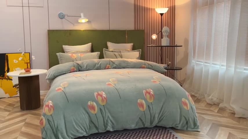 91家纺网 家纺一手货源 找家纺 凡客家居 2022新款牛奶绒印花系列四件套 相思-浅绿