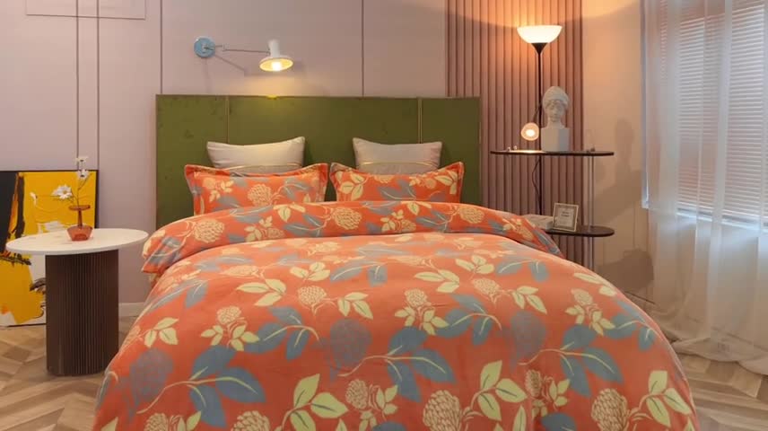 91家纺网 家纺一手货源 找家纺 凡客家居 2022新款牛奶绒印花系列四件套 秋意-桔