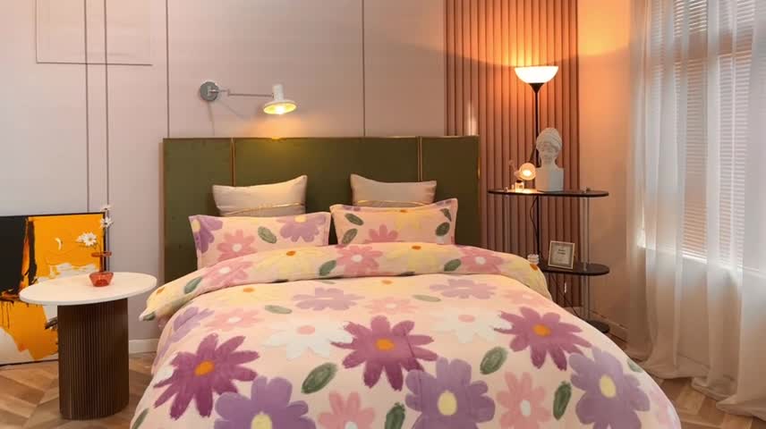 91家纺网 家纺一手货源 找家纺 凡客家居 2022新款牛奶绒印花系列四件套 诺拉