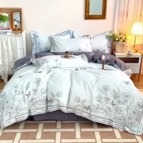 91家纺网 家纺一手货源 找家纺 安莱 2022新款100支长绒棉数码印花四件套-秘境 巴黎灰