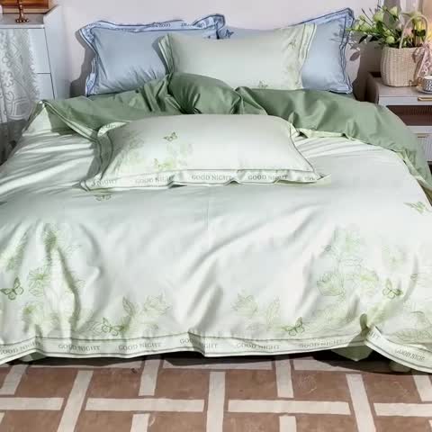 91家纺网 家纺一手货源 找家纺 安莱 2022新款100支长绒棉数码印花四件套-秘境 鳄梨绿