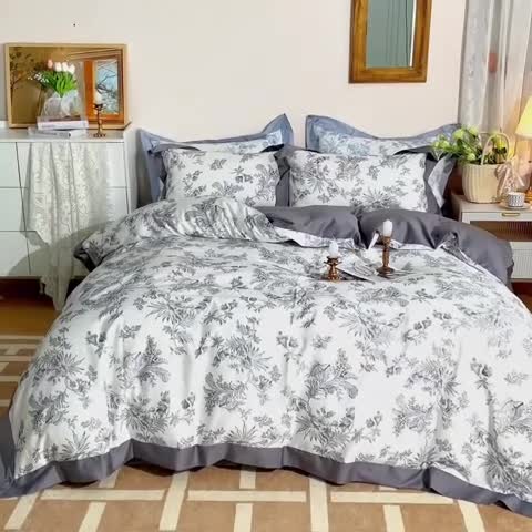 91家纺网 家纺一手货源 找家纺 安莱 2022新款100支长绒棉数码印花四件套-花屿 巴黎灰