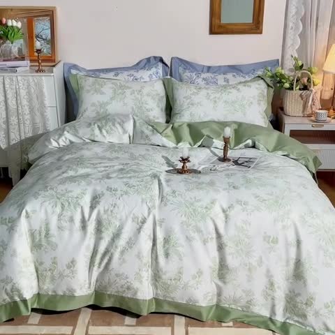 91家纺网 家纺一手货源 找家纺 安莱 2022新款100支长绒棉数码印花四件套-花屿 鳄梨绿