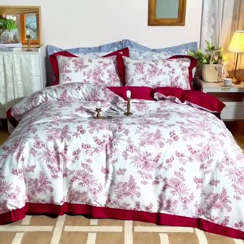 91家纺网 家纺一手货源 找家纺 安莱 2022新款100支长绒棉数码印花四件套-花屿 克里红