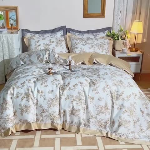 91家纺网 家纺一手货源 找家纺 安莱 2022新款100支长绒棉数码印花四件套-花屿 香槟金