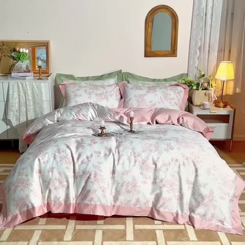 91家纺网 家纺一手货源 找家纺 安莱 2022新款100支长绒棉数码印花四件套-花屿 香芋粉