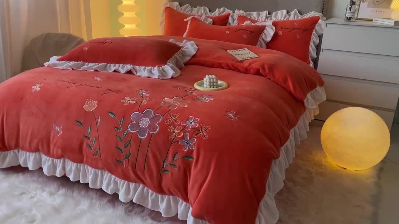 91家纺网 家纺一手货源 找家纺 凯美2022新款牛奶绒四件套花镜系列 橘色