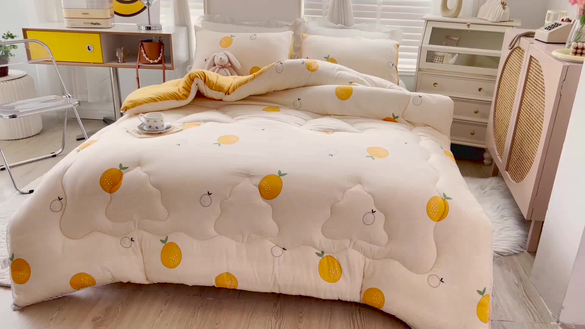 91家纺网 家纺一手货源 找家纺 寐居家纺2022新款印花冬被 橘子很萌