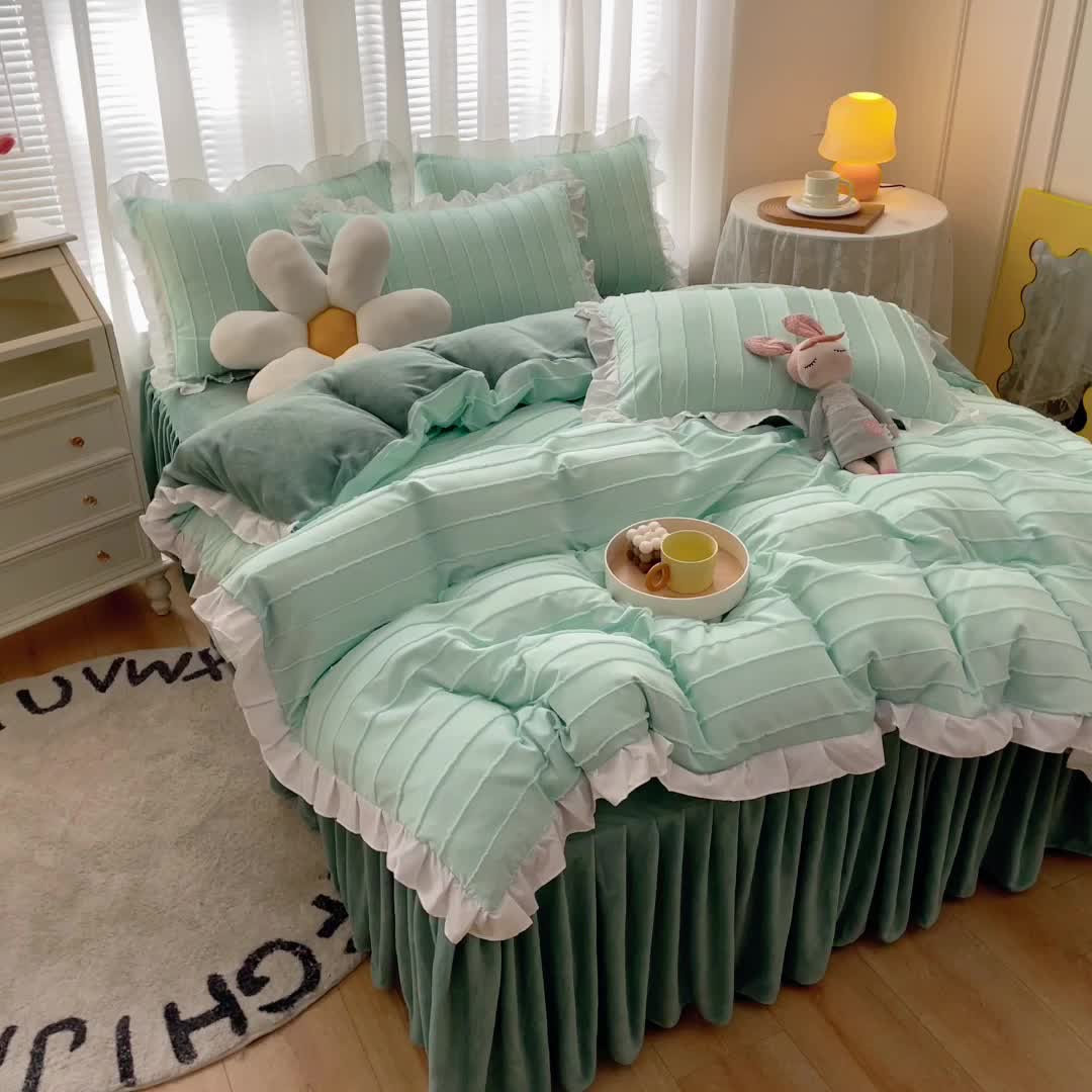 91家纺网 家纺一手货源 找家纺 绒兔兔 2022新款立体剪花牛奶绒四件套 奶绿