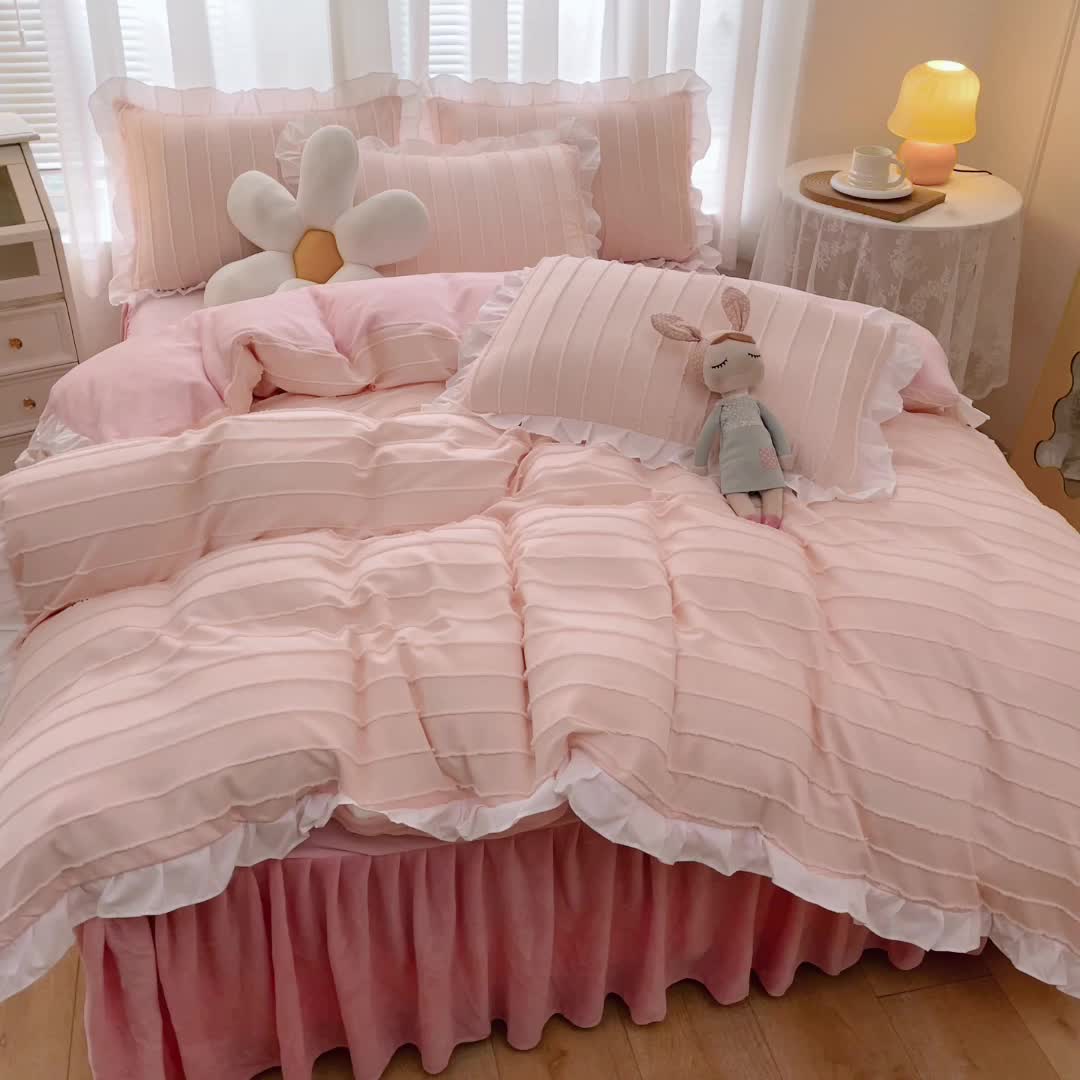91家纺网 家纺一手货源 找家纺 绒兔兔 2022新款立体剪花牛奶绒四件套 蔷薇粉