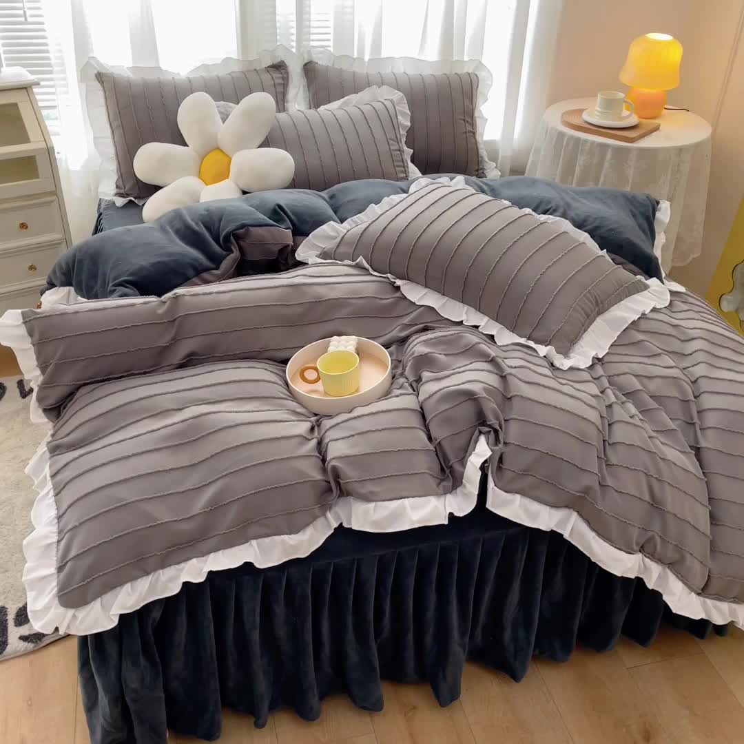 91家纺网 家纺一手货源 找家纺 绒兔兔 2022新款立体剪花牛奶绒四件套 温柔灰