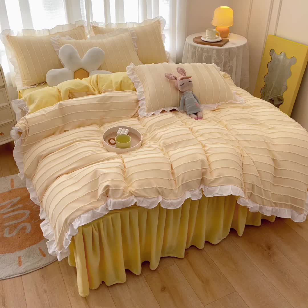 91家纺网 家纺一手货源 找家纺 绒兔兔 2022新款立体剪花牛奶绒四件套 奶黄