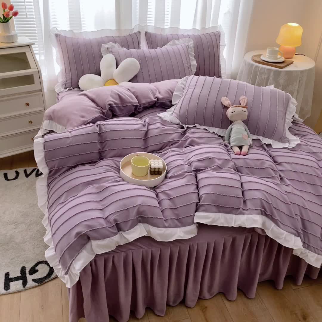 91家纺网 家纺一手货源 找家纺 绒兔兔 2022新款立体剪花牛奶绒四件套 华丽紫