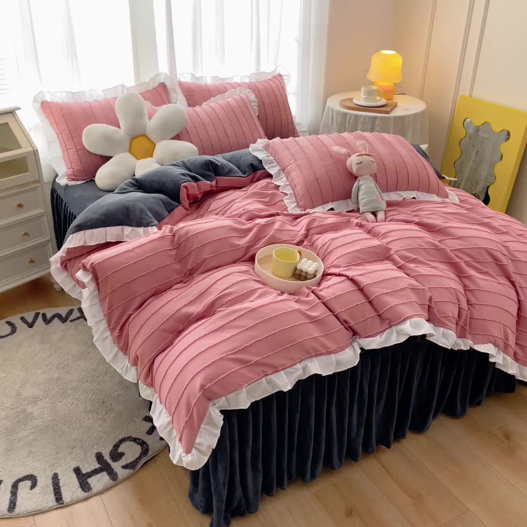 91家纺网 家纺一手货源 找家纺 绒兔兔 2022新款立体剪花牛奶绒四件套 豆沙粉