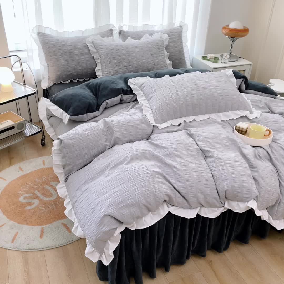 91家纺网 家纺一手货源 找家纺 绒兔兔 A版泡泡纱+B版牛奶绒韩版床裙床单四件套 雅灰