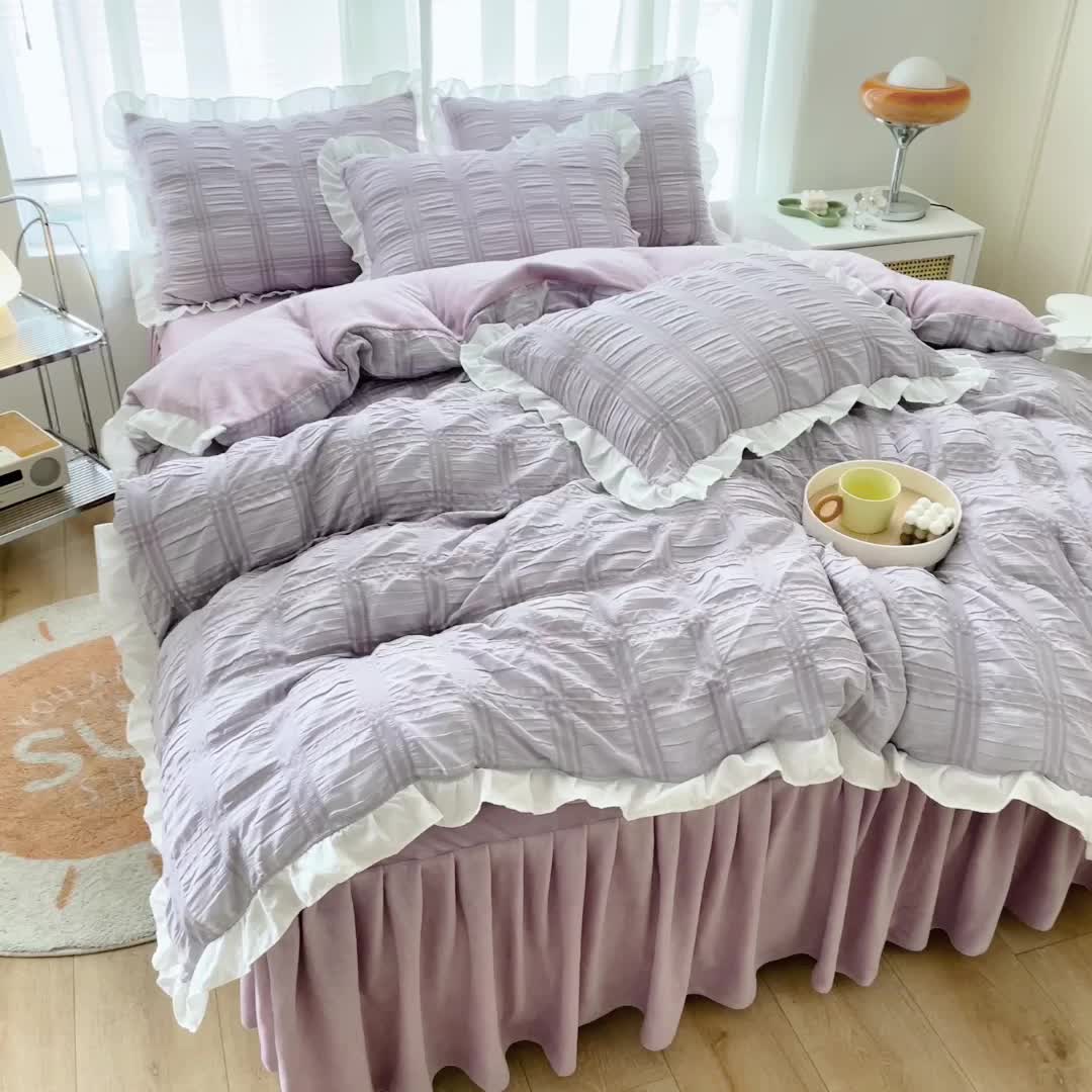 91家纺网 家纺一手货源 找家纺 绒兔兔 A版泡泡纱+B版牛奶绒韩版床裙床单四件套 葡萄紫
