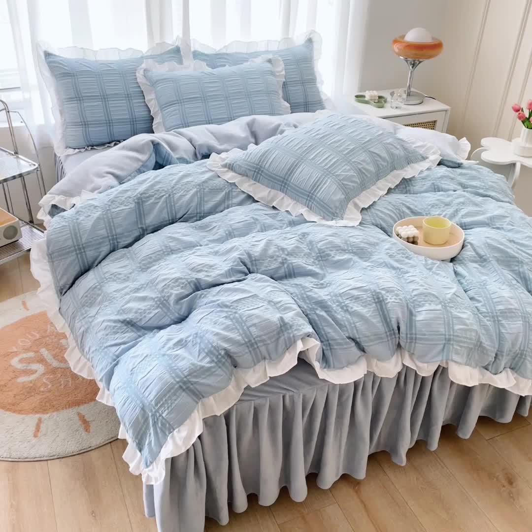 91家纺网 家纺一手货源 找家纺 绒兔兔 A版泡泡纱+B版牛奶绒韩版床裙床单四件套 清蓝