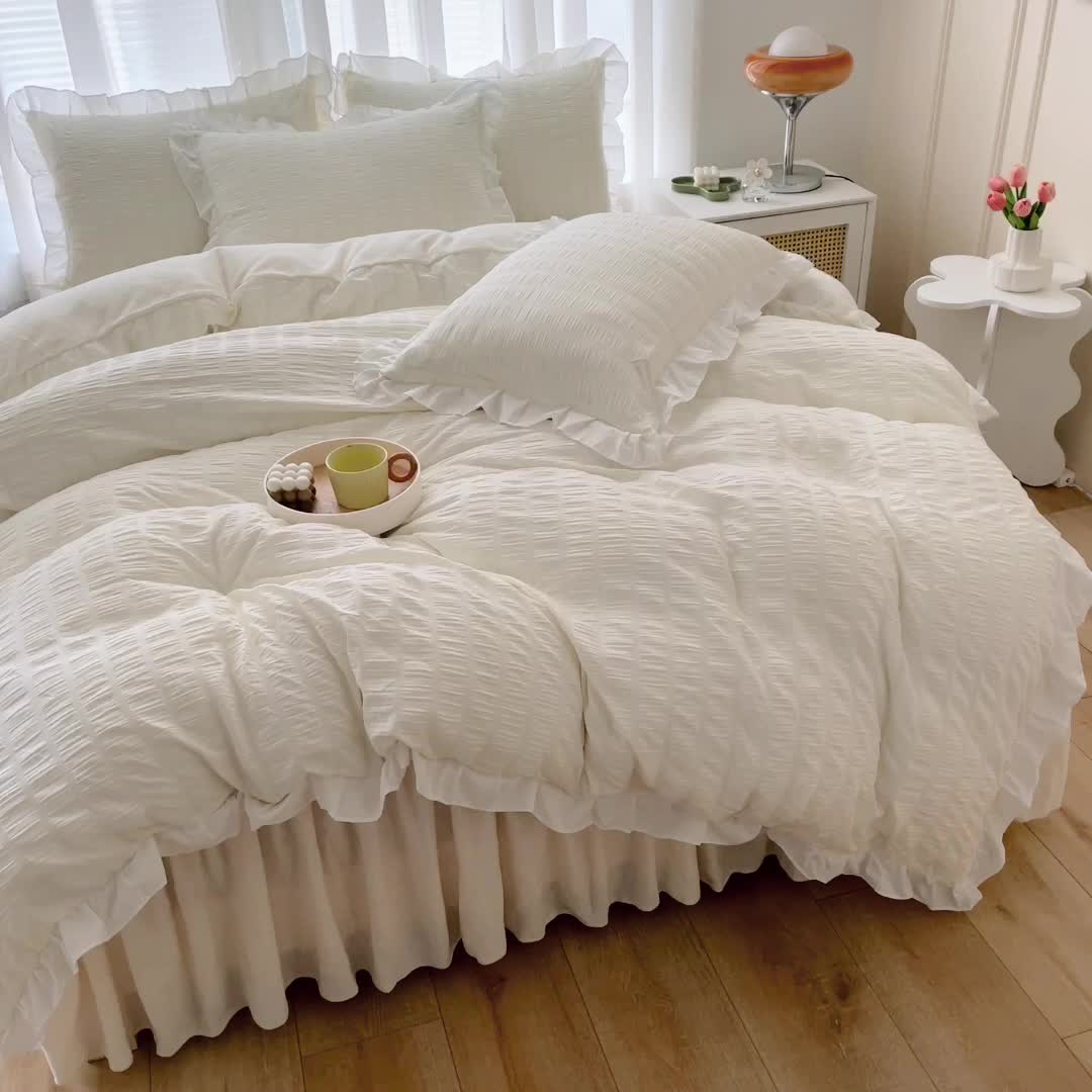 91家纺网 家纺一手货源 找家纺 绒兔兔 A版泡泡纱+B版牛奶绒韩版床裙床单四件套 奶油白