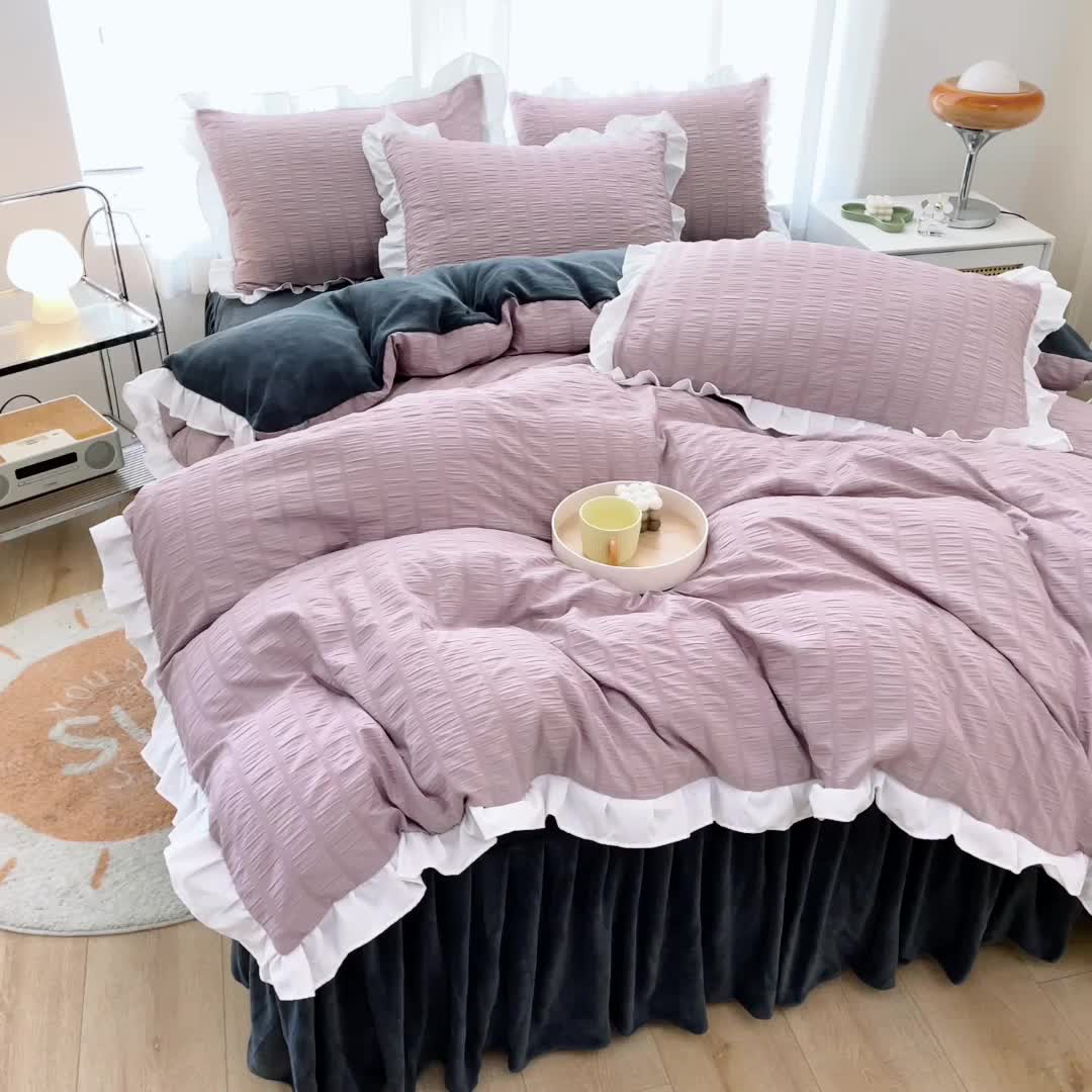 91家纺网 家纺一手货源 找家纺 绒兔兔 A版泡泡纱+B版牛奶绒韩版床裙床单四件套 淡紫